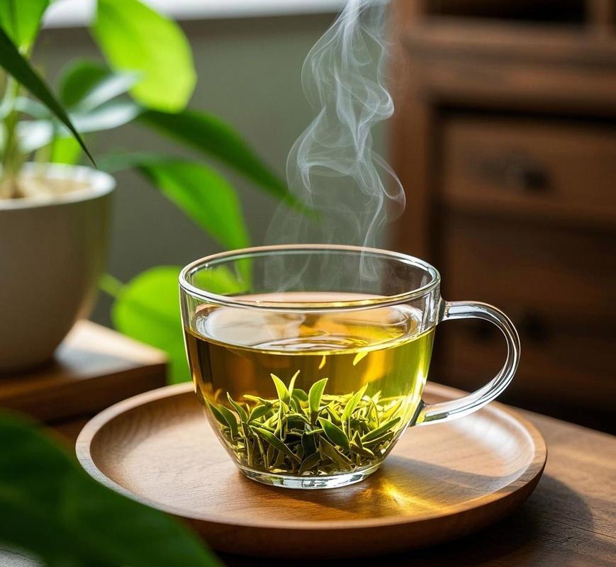 一杯热气腾腾的中式绿茶,玻璃杯里茶叶舒展的特写