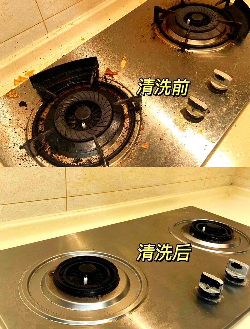 厨房灶台重油污用碱面清洁前后对比图