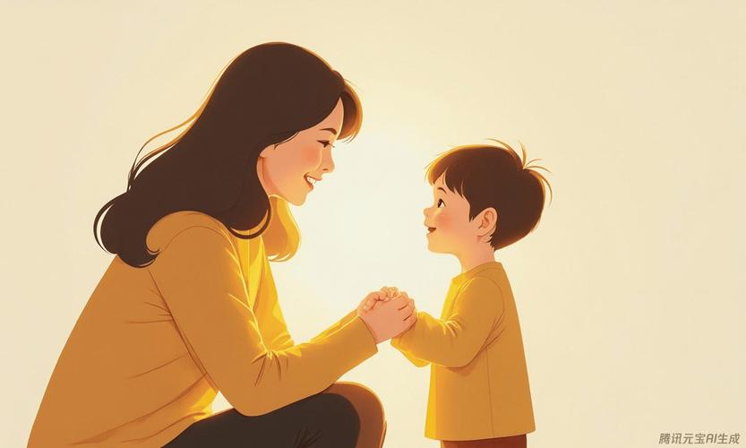 家长蹲下来和孩子平等对视聊天图