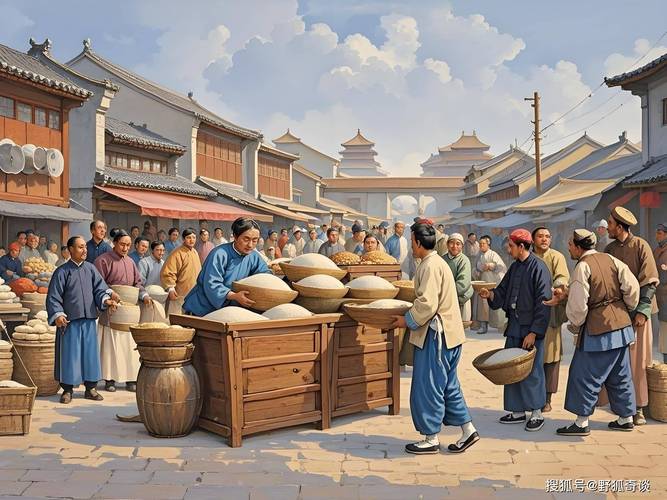 古代市集卖粥与五谷杂粮场景图