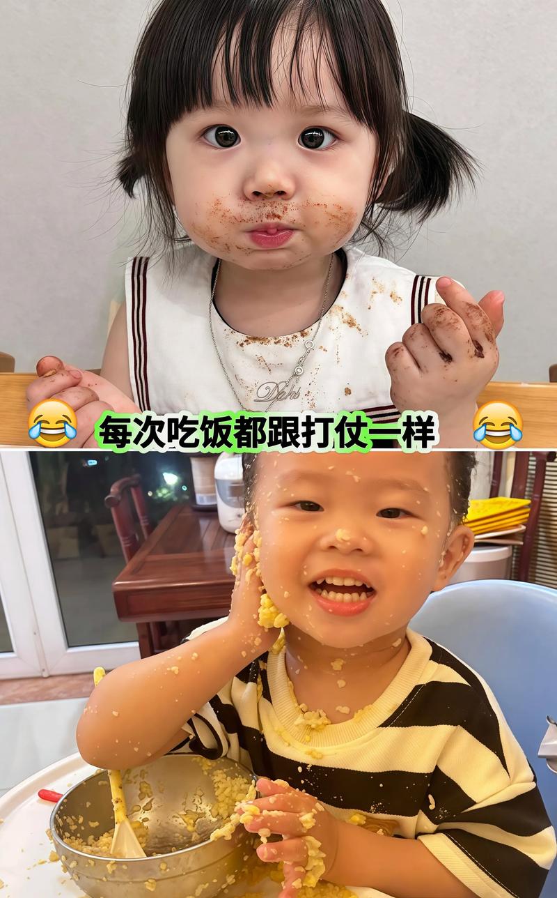 小朋友自己吃饭弄满脸污渍松弛育儿场景图