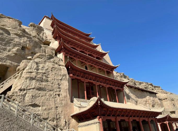 敦煌莫高窟崖壁上的连片洞窟外景