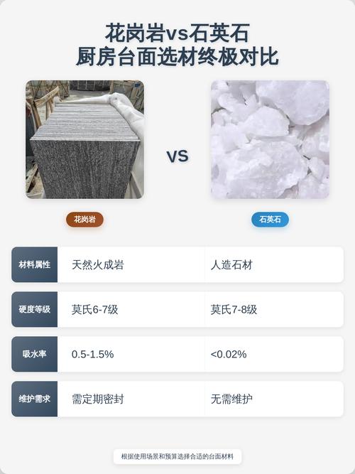 花岗岩厨房台面与石英石对比展示