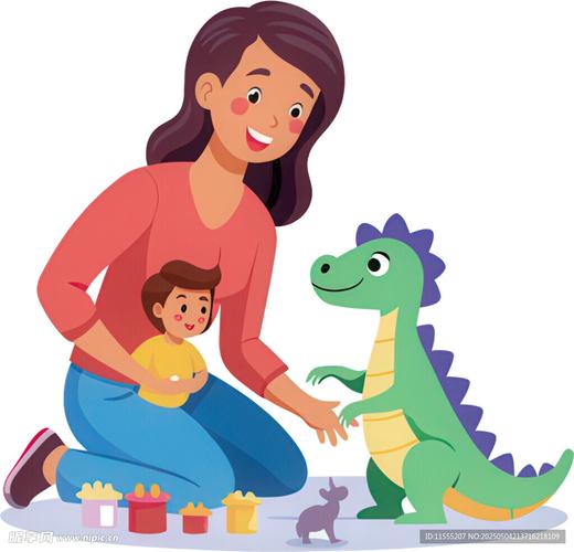 孩子用恐龙玩具带动收拾房间的亲子互动场景插画