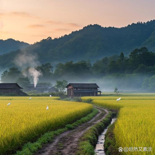 湖北南漳三里岗村晨雾山间稻田