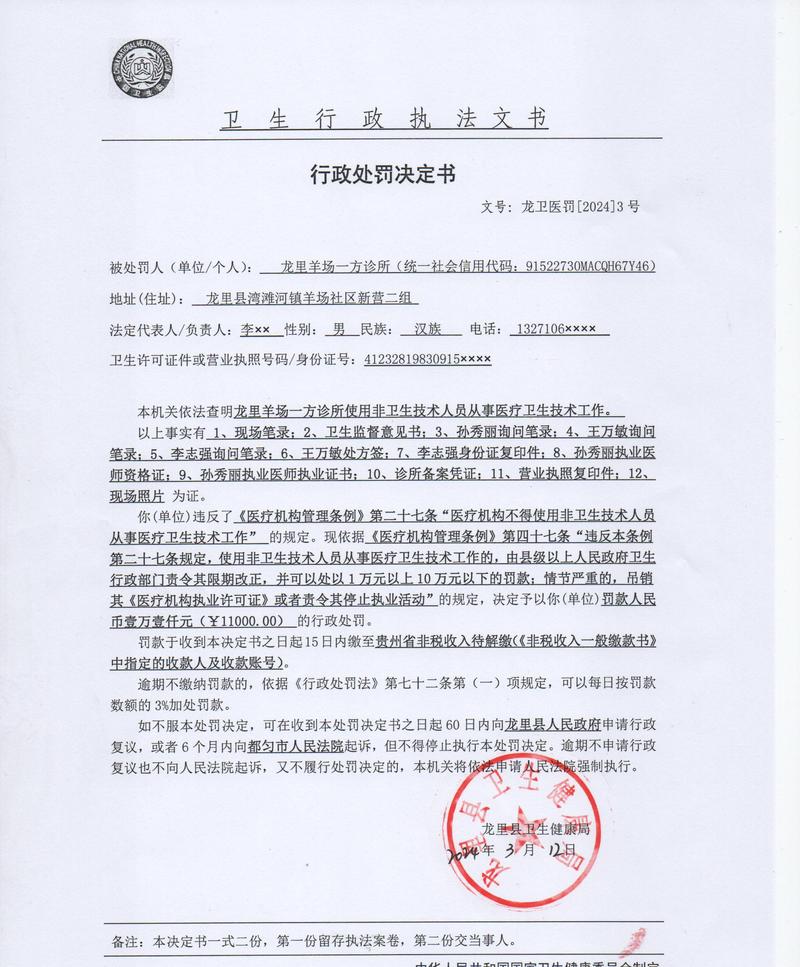 行政处罚决定书模板示例