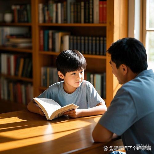 父亲和青少年儿子坐在书桌前边谈心边看课本,早恋引导与学习激励