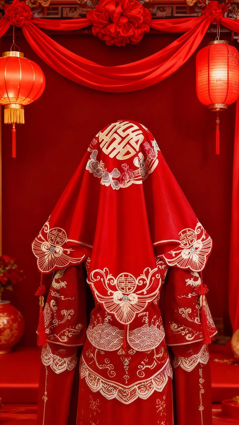 中式传统婚礼新娘红盖头刺绣