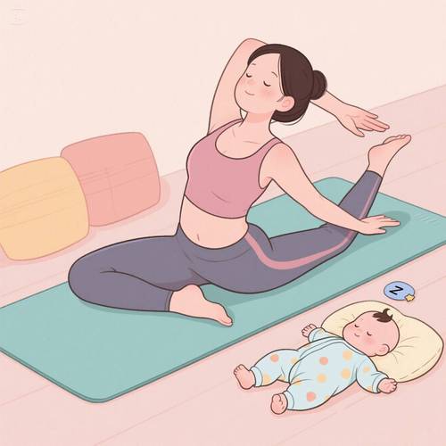 新手妈妈居家产后运动休息场景图