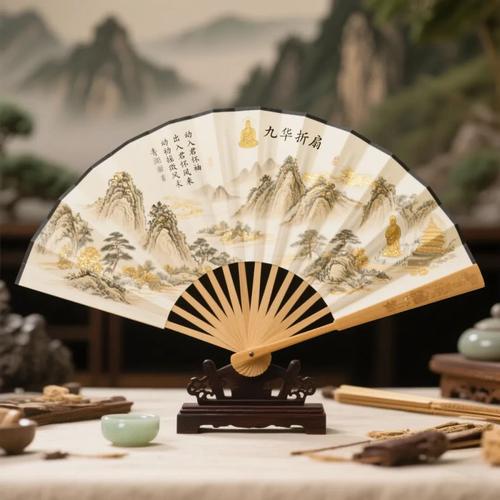 素面青阳折扇扇面手绘九华山秋景细节