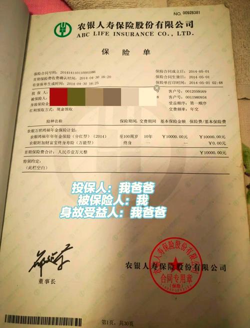 保单合同内身故受益人填写页实拍