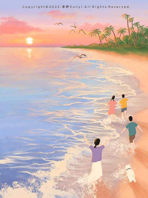 节假日傍晚在河边栈道散步的人沐浴在金色余晖中的插画