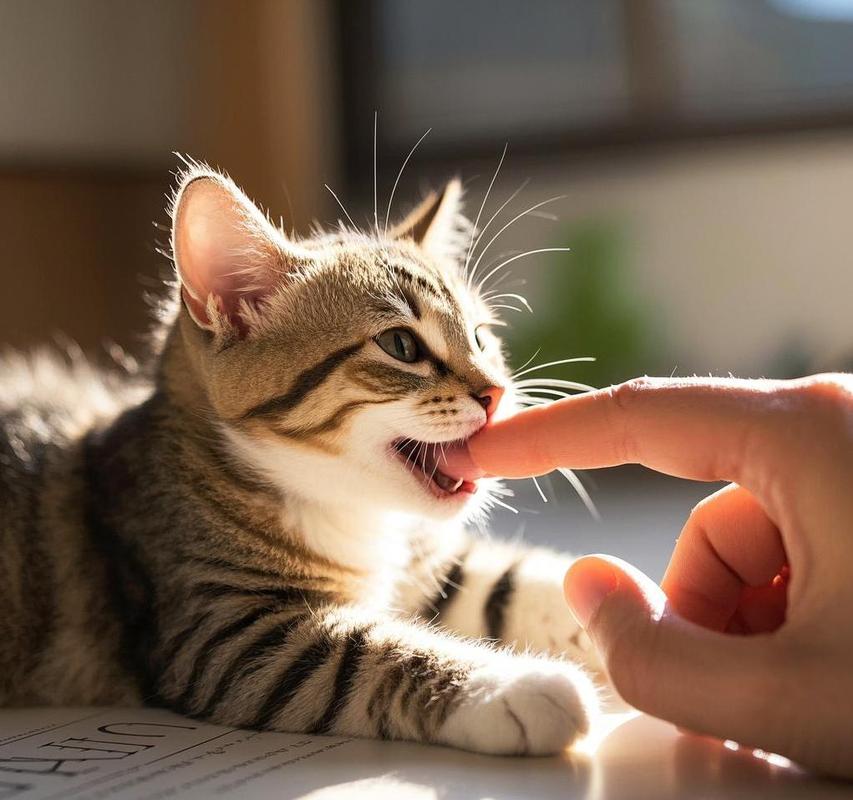 清晨阳光卧室里猫咪蹭主人手指的温馨特写
