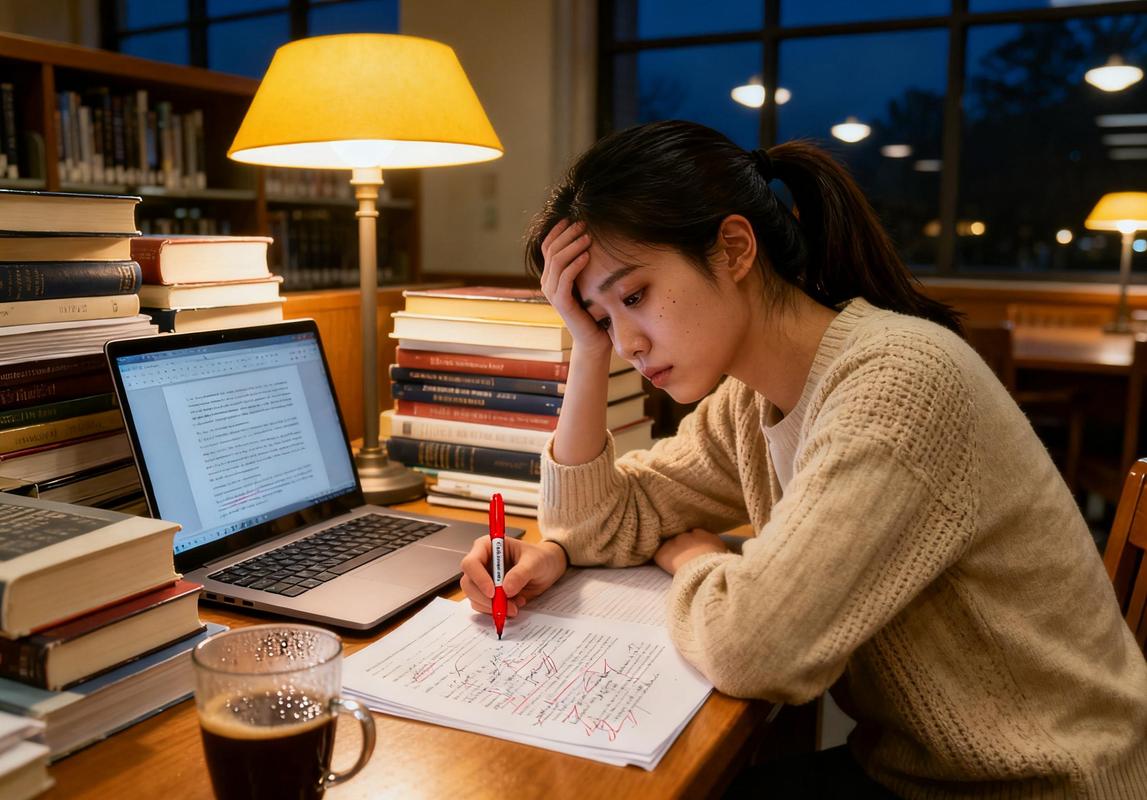 留学生深夜在图书馆一个人对着电脑疲惫的侧脸