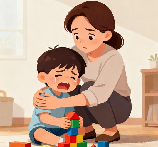 孩子面对拼接散落的积木生气但家长温柔引导的插画