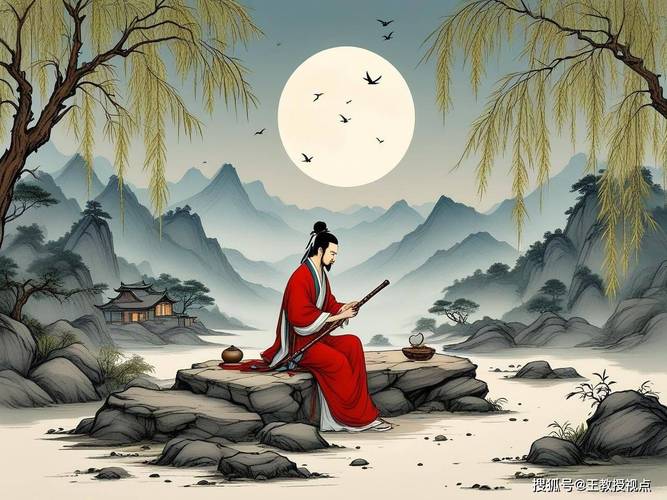 李白诗意水墨画,笛声散入春风