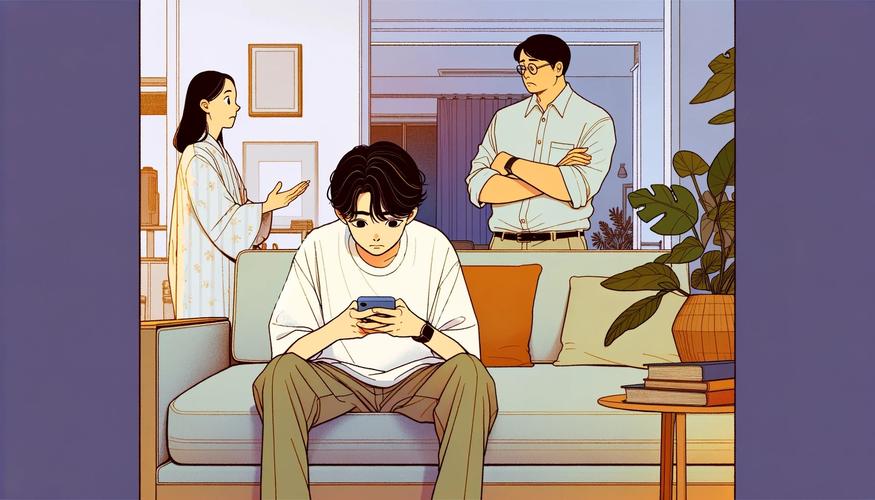 小学门口男孩攥着皱巴巴的美术画低头面对问话的妈妈