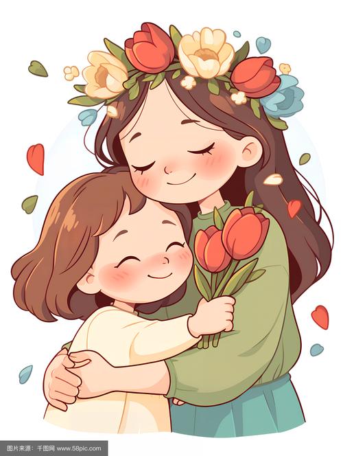 妈妈和孩子和解拥抱的暖心插画
