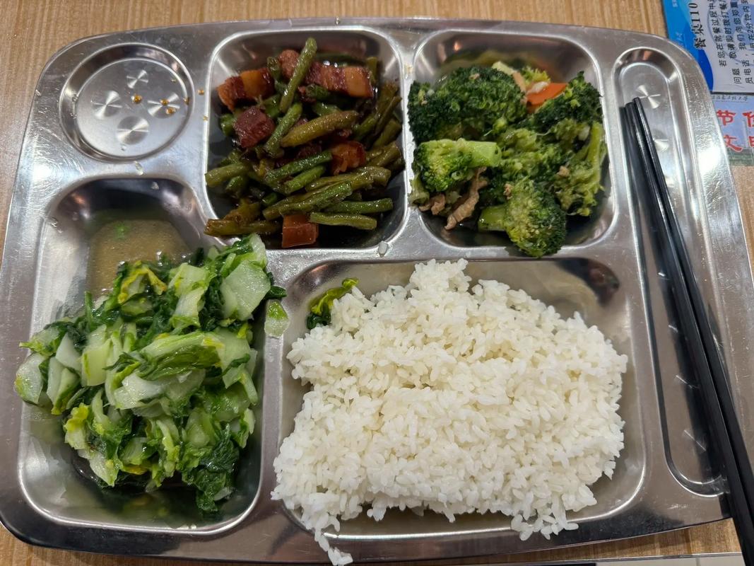 学校食堂提供的红绿灯营养午餐餐盘,分为绿区蔬菜黄区主食红区肉类