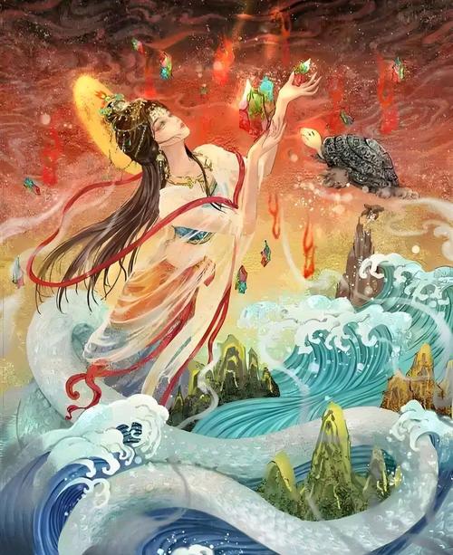 中国神话女娲补天五色石彩虹