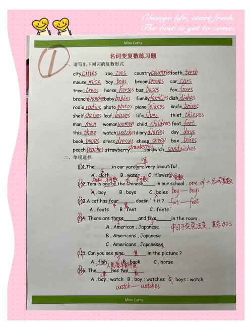 红笔圈改的小学英语作业本名词复数加s痕迹
