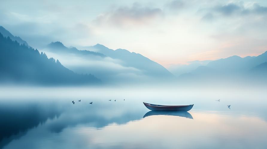泸沽湖清晨晨雾缠绕湖面景观