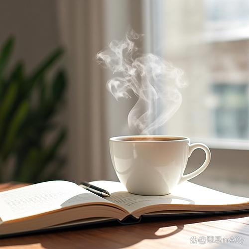 书桌上冒着热气的茶杯和翻开的笔记本特写