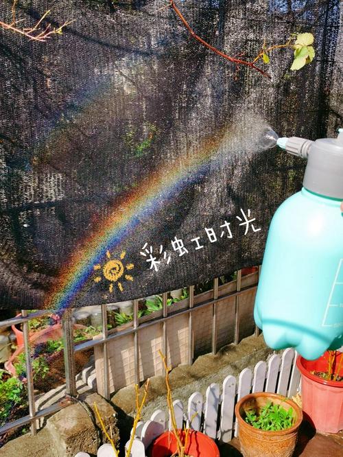 儿童用喷壶在阳光下喷出自制小彩虹