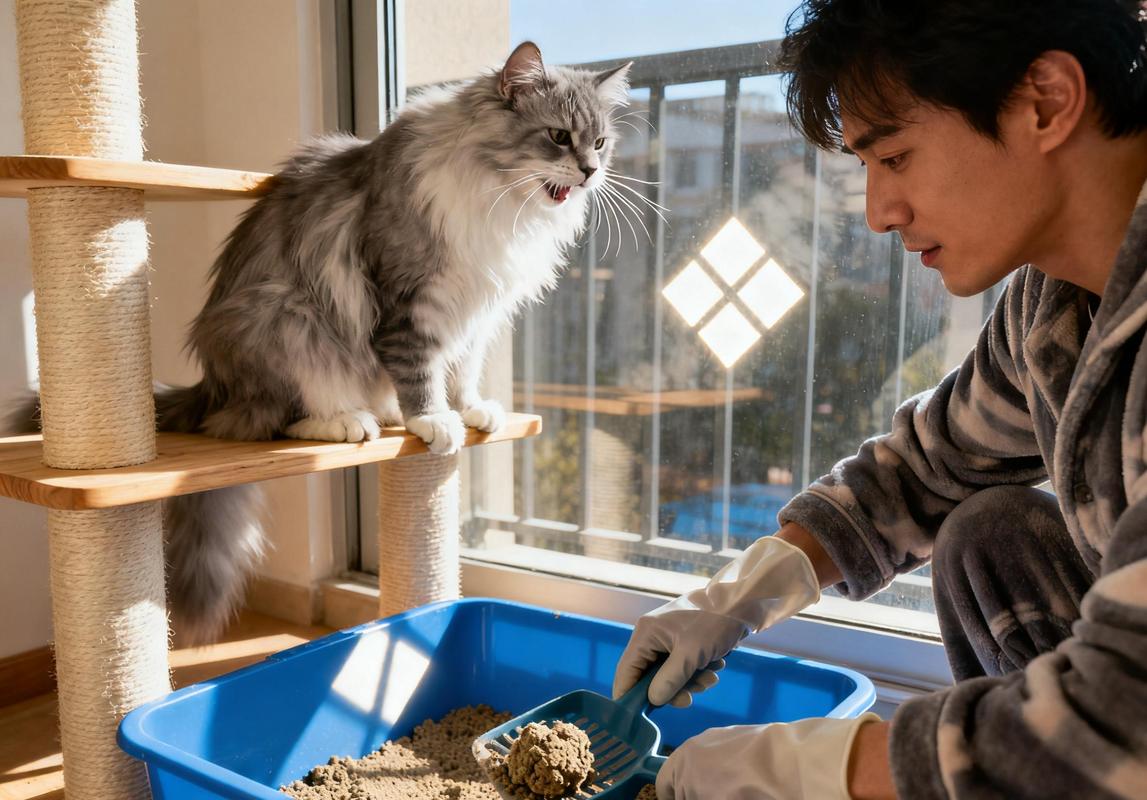 老公帮怀孕老婆清理猫砂日常场景