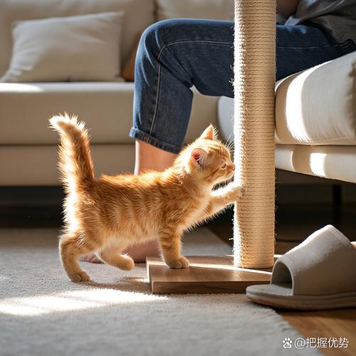 橘猫蹲在高猫爬架顶端观察客厅