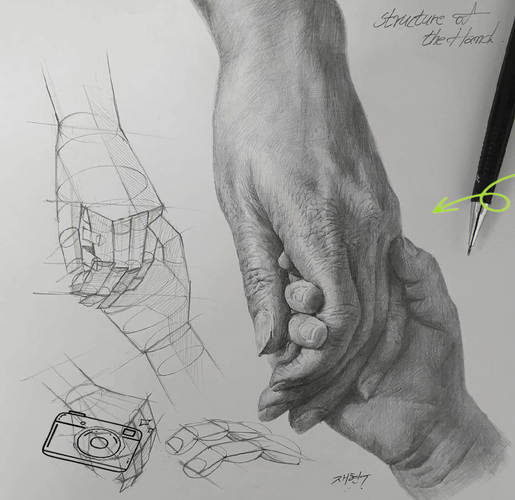 手掌握铅笔在素描本上画草图特写
