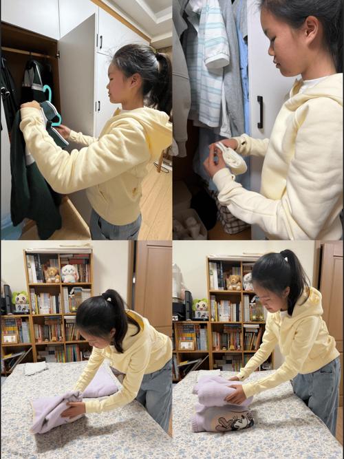 小朋友和爸爸妈妈一起整理衣柜家务场景