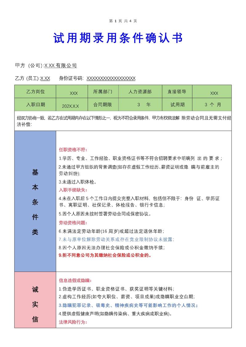 试用期录用条件签字确认表范本