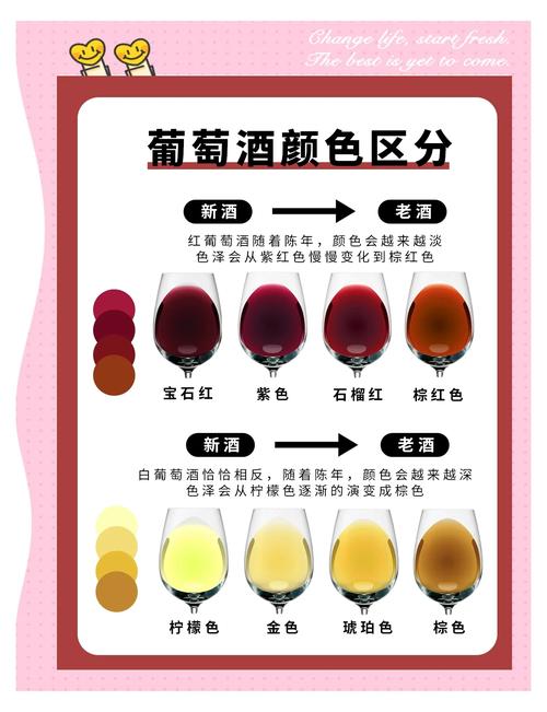 年轻红酒与老酒颜色对比,左侧紫红右侧砖红
