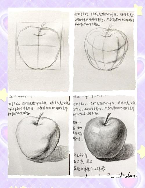 学生课堂素描苹果五大调子作业原稿