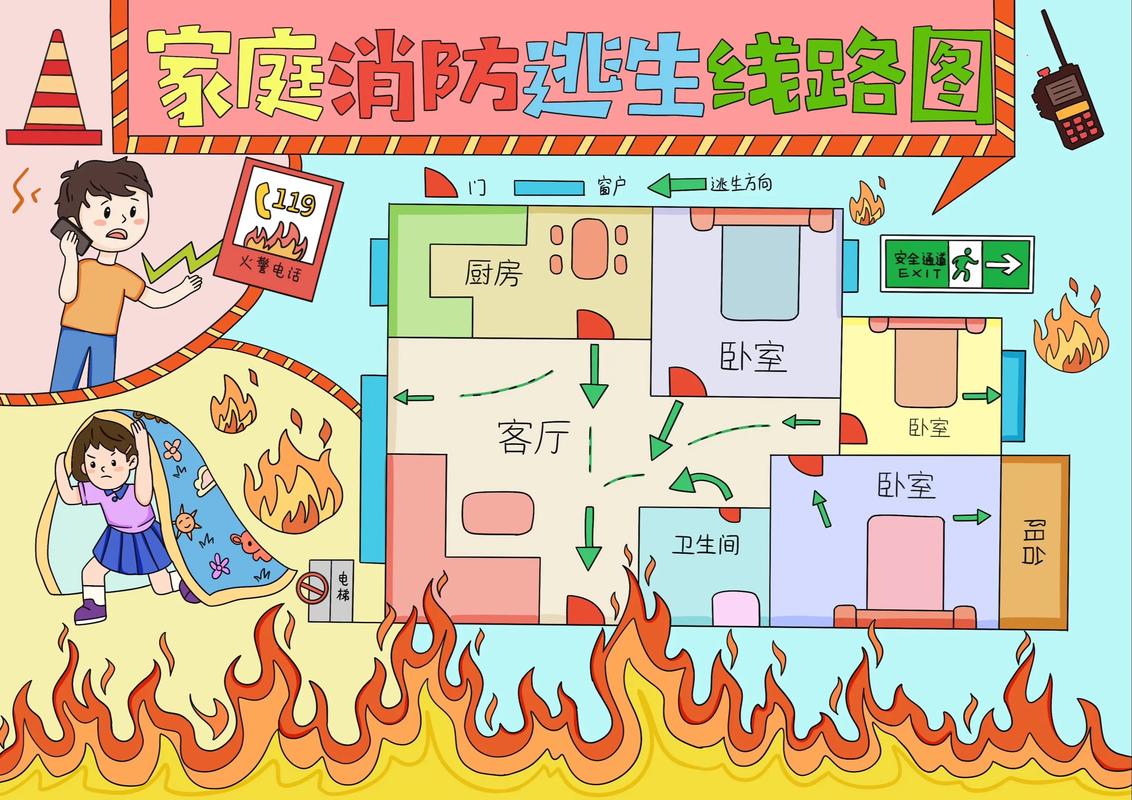 家庭火灾逃生路线平面图手绘版示例