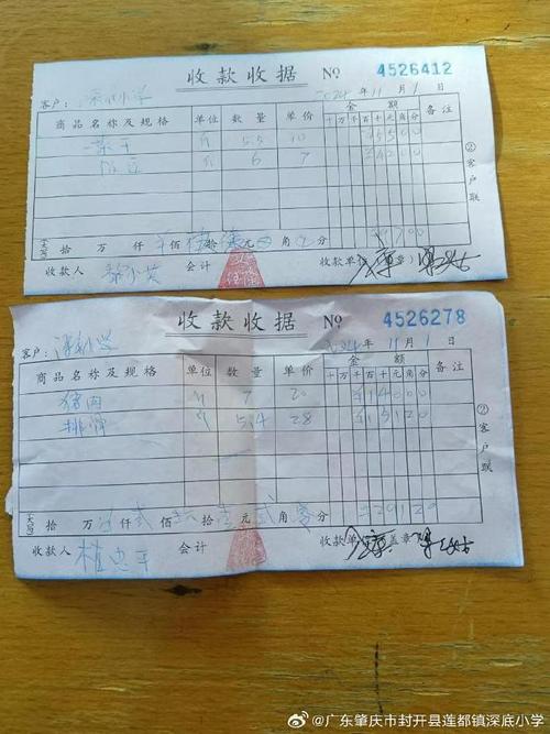 社区便利店柜台上皱巴巴的进货收款收据