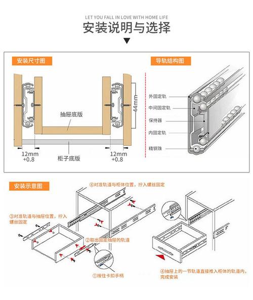 家装抽屉钢珠滑轨安装示意图