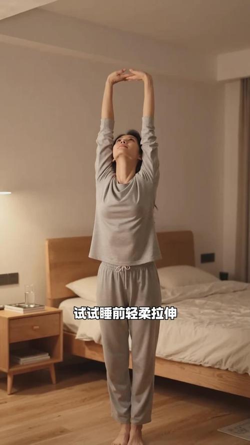 睡前卧室床边温和拉伸实拍图