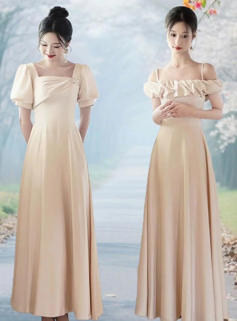 婚礼姐妹团服一字肩缎面长裙香槟色搭配花束户外草地