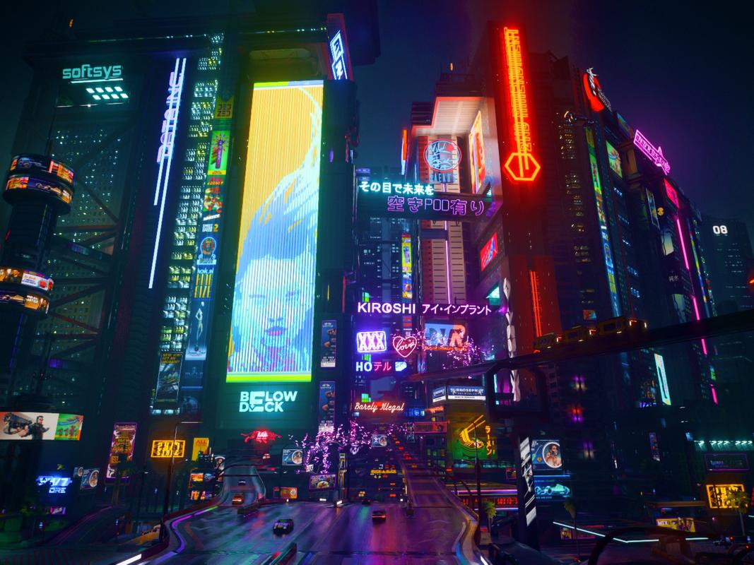 赛博朋克2077夜之城街头霓虹灯截图