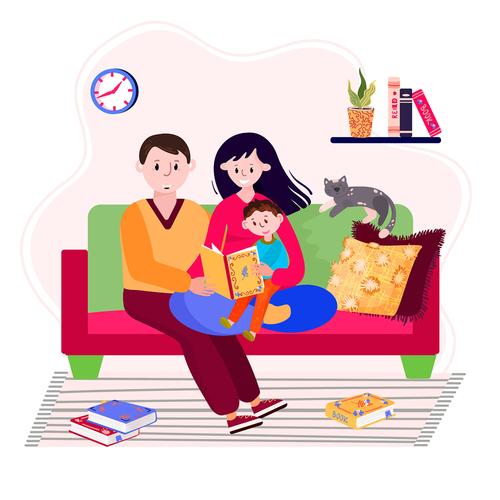 一家三口清晨在沙发阅读报纸和绘本