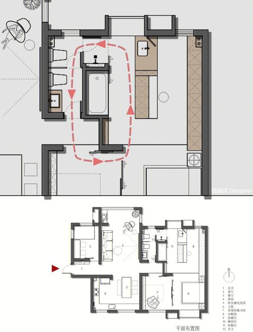 居家洄游动线设计示意图 卧室衣帽间卫生间三分离