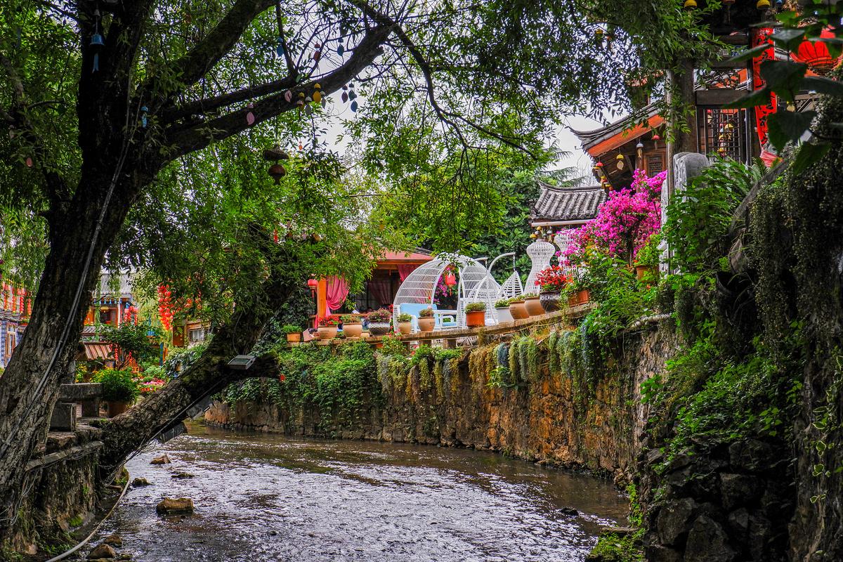 丽江古城雨后泛着水光的青石板路