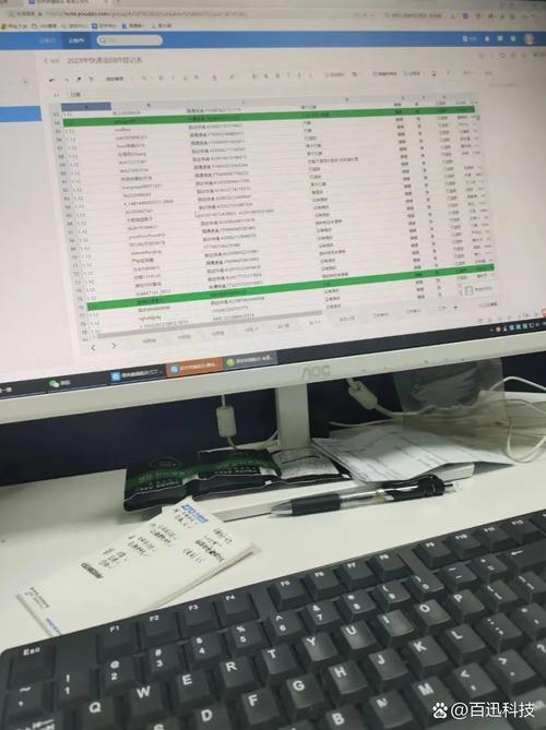 办公工位上电脑屏幕显示杂乱Excel表格的实拍图