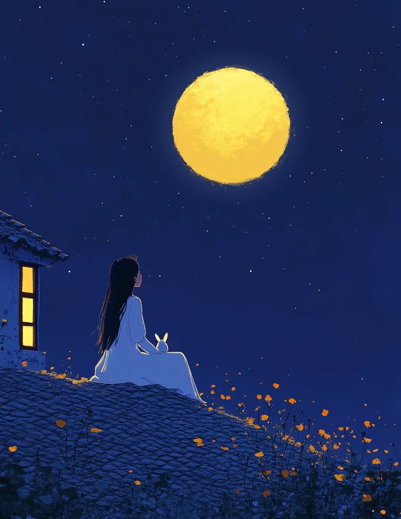 深夜窗边望月思乡手绘插画