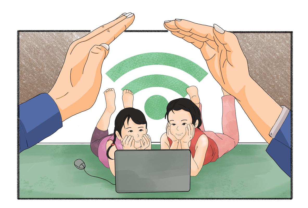 家庭网络安全教育亲子对话插画