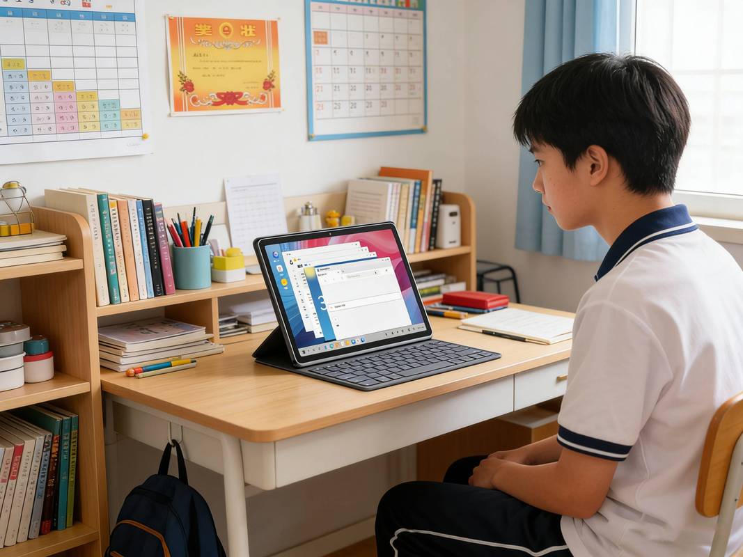 小学生书桌前坐着预习课本实拍场景