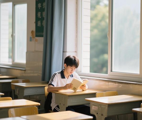 中学教室靠窗低头沉默学生场景