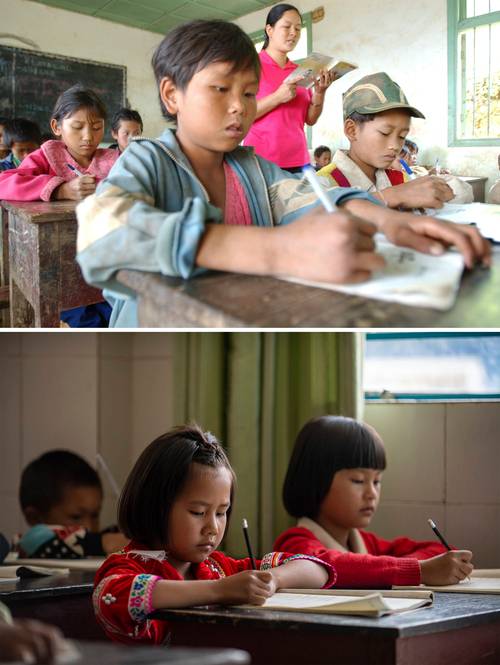云南乡村小学学生山间自然实践课